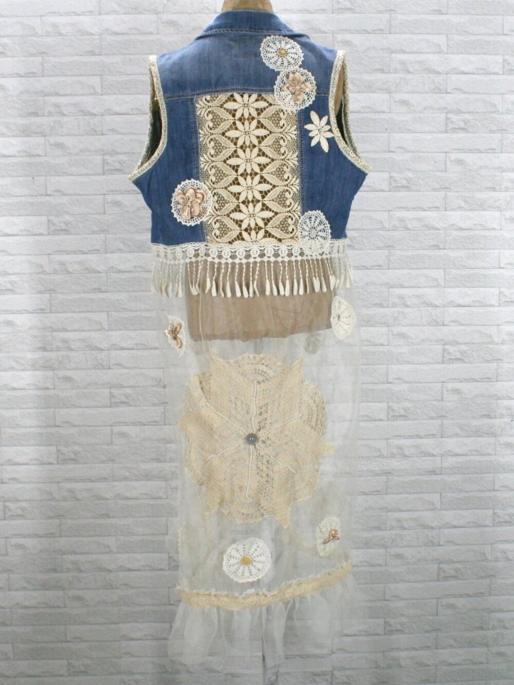 UPCYCLED Vest Denim Lace Sheer Ruffle Long Duster Embellished Blue Jean Cream LG